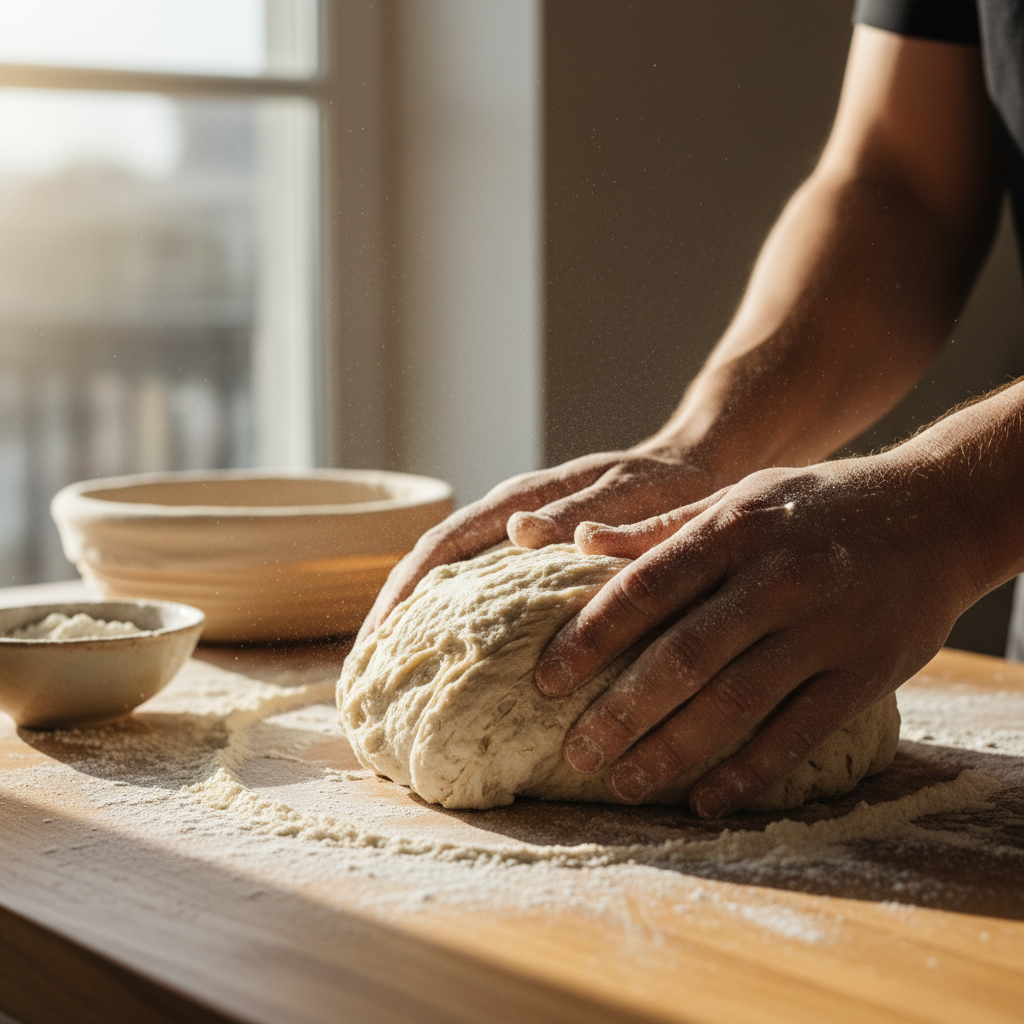 Baker's hands covered in flour, shaping sourdough dough on a wooden work surface, with soft window light illuminating the tactile scene