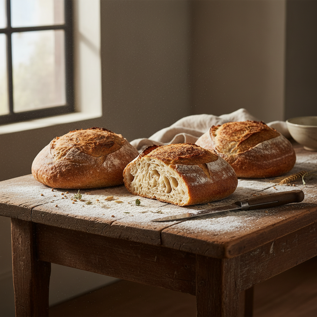 Artisanal sourdough loaves with golden crusts on a rustic wooden table, soft natural morning light streaming through a window, with flour dust in the air
