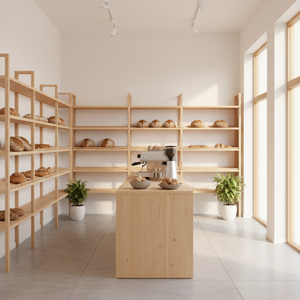 Warm and minimal bakery interior with white walls, wooden shelves displaying fresh bread, natural light flooding through large windows, and a simple counter