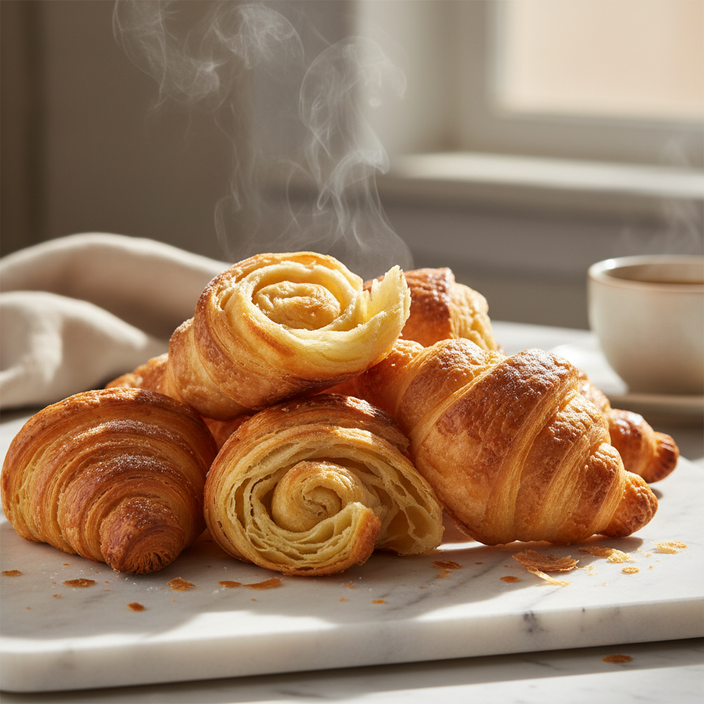 Buttery golden croissants with visible layers and flaky texture, arranged on a marble surface with soft morning light and steam rising