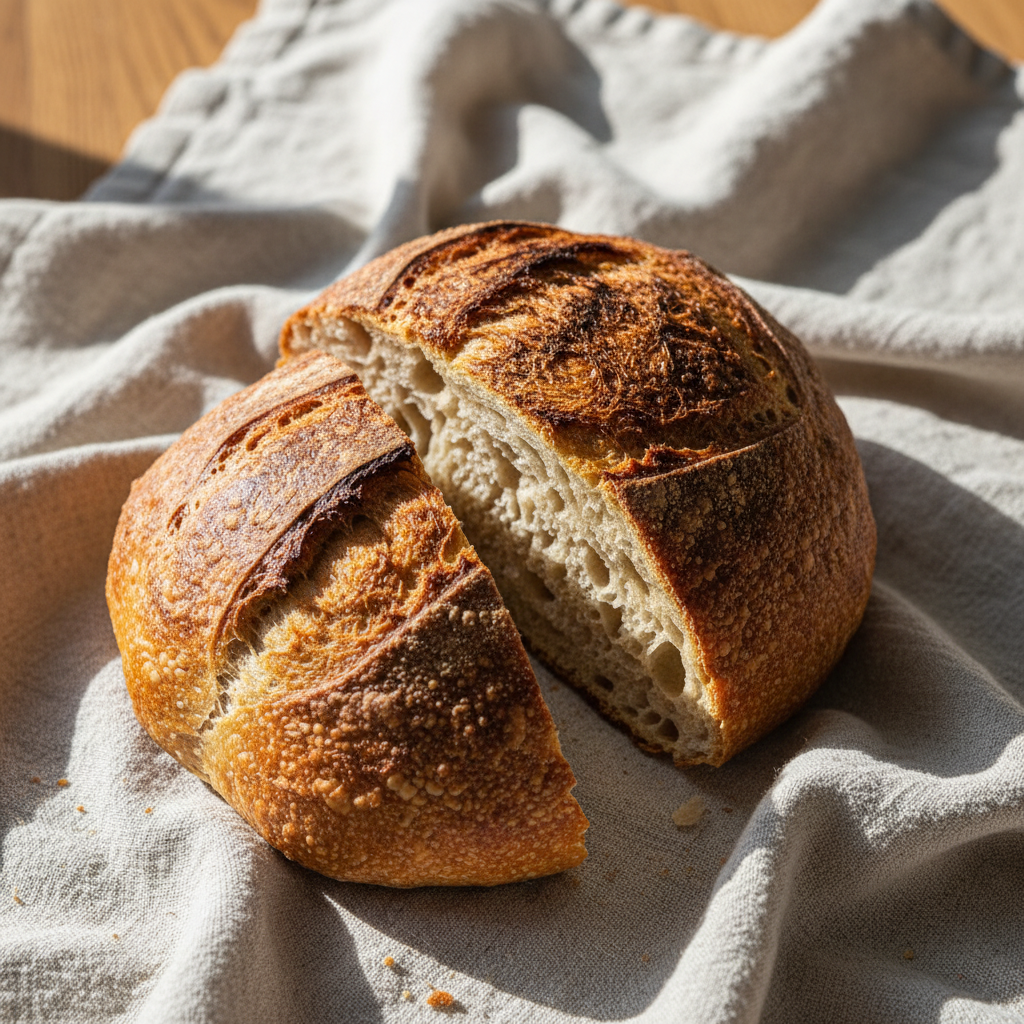 Rustic sourdough bread with an open crumb structure and caramelized crust, photographed from above on linen cloth with natural directional lighting
