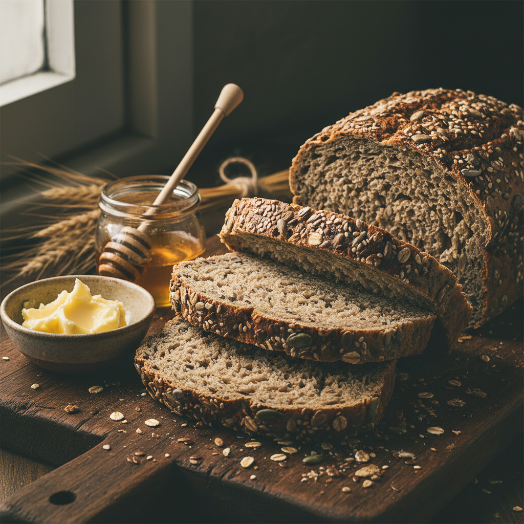 Dense whole grain bread sliced to reveal a tight crumb with visible seeds and grains, photographed in moody natural light with butter and honey nearby